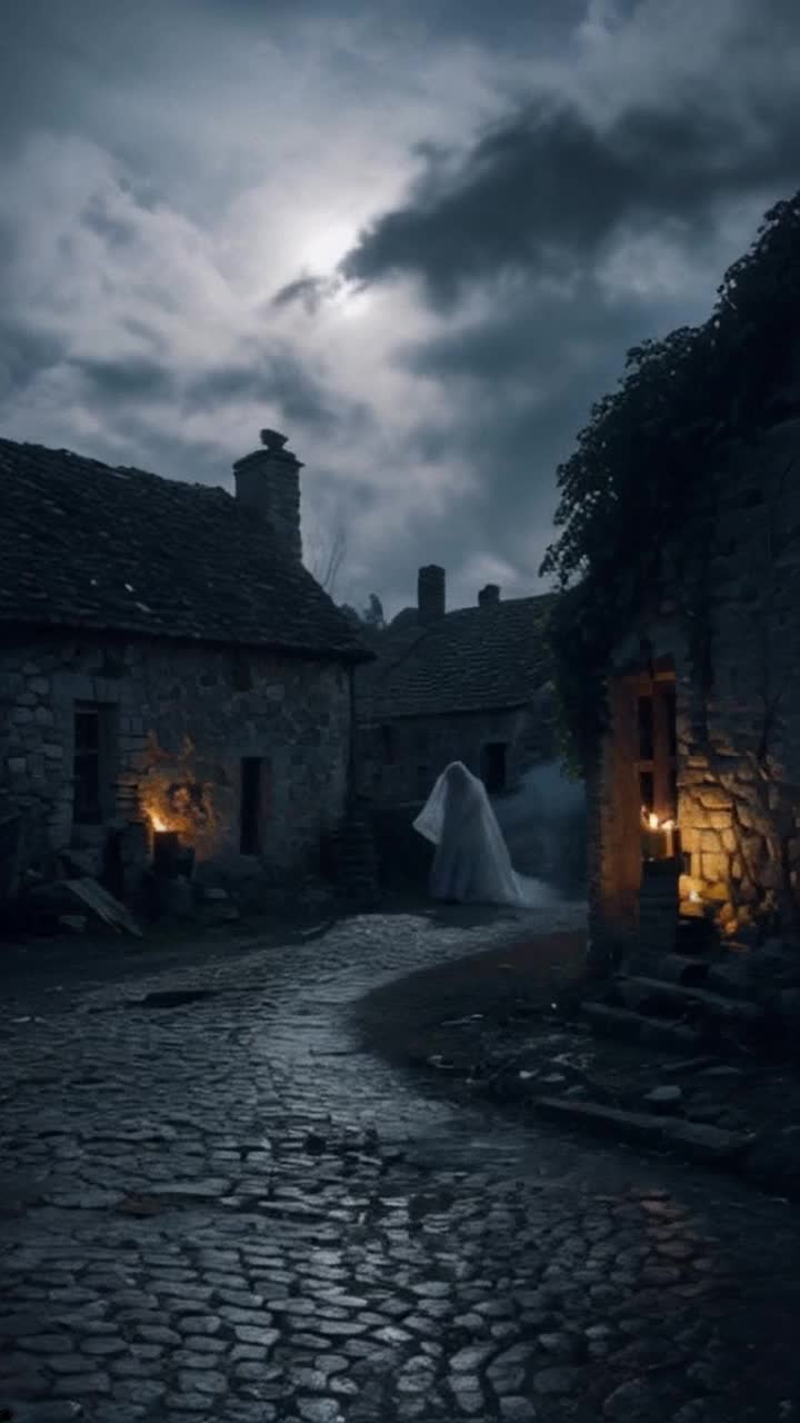 Eerie ghostly figure shrouded in tattered gray mist haunting the desolate village Desperate whispers echo as the ghostly figure drifts silently between crumbling stone cottages overgrown with twisted vines Flickering candlelight illuminates remnants of an ancient well casting dancing shadows on cobblestone streets under a moonlit sky filled with swirling clouds