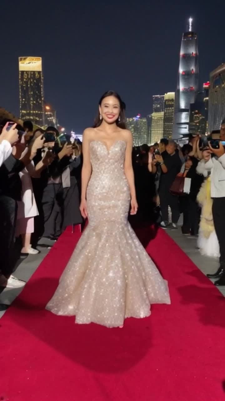 Glistening star with a radiant smile surrounded by adoring fans reaching out to touch her shimmering gown as she glides through a lavish red carpet making eye contact with onlookers who gasp in awe amidst flashing cameras capturing every moment of her ascent in a dazzling city skyline filled with twinkling lights and opulent billboards showcasing her face contrasting with shadows of struggling artists hidden in alleys creating in obscurity