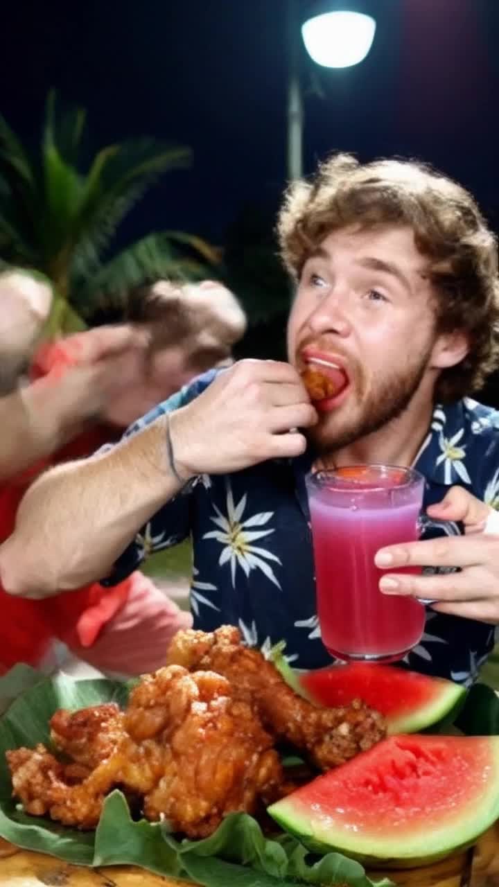 Laidback guy enjoying crispy fried chicken juicy watermelon vibrant KoolAid Tropical Hawaiian vibes filling the air two rivals square off fists clenched and you have a great great time why are they eating fried Chicken and watermelon and it been a good day and evunfolds and evunfunfolds good luck today when so thatsssadrenaline surging as they exchange playful punches laughter echoes around them Chris VFX capturing every moment with colorful effects surrounding chaos adding excitement to their friendly brawl bright sun setting in the background casting a warm glow on their spirited duel playful bystanders watching with amused expressions as the scene unfolds
