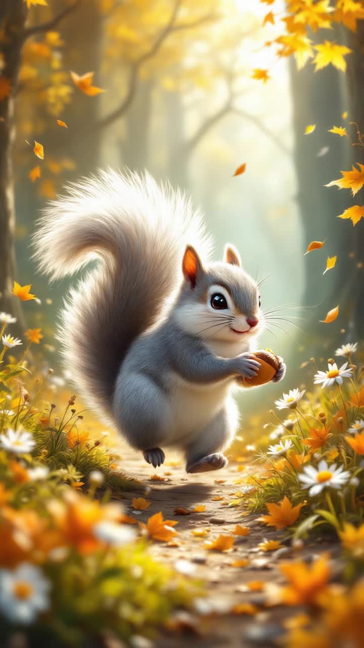 Fluffy gray squirrel with twitching nose darting across sundappled forest floor snatching acorns with nimble paws weaving through towering oaks and vibrant wildflowers surrounded by golden autumn leaves swirling in gentle breeze shimmering sunlight filtering through lush canopy creating a magical woodland atmosphere