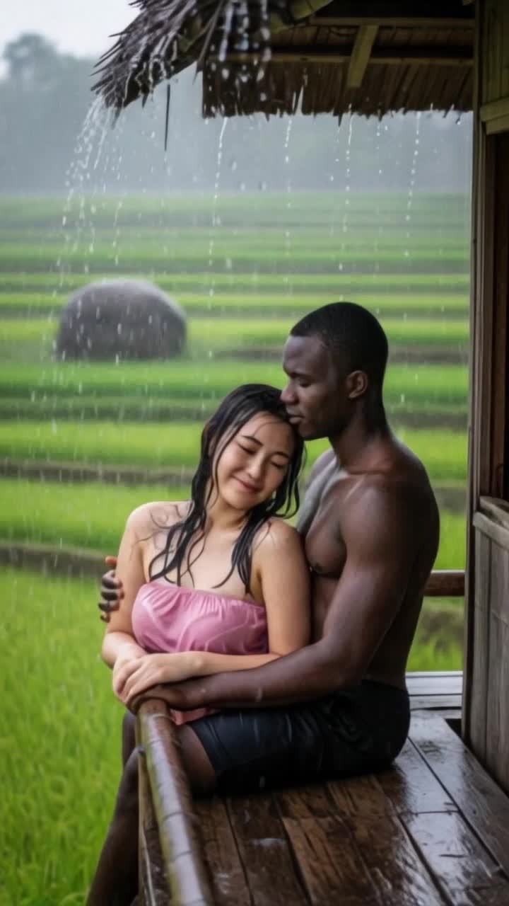 heavy rain, man hugs woman tightly romantically