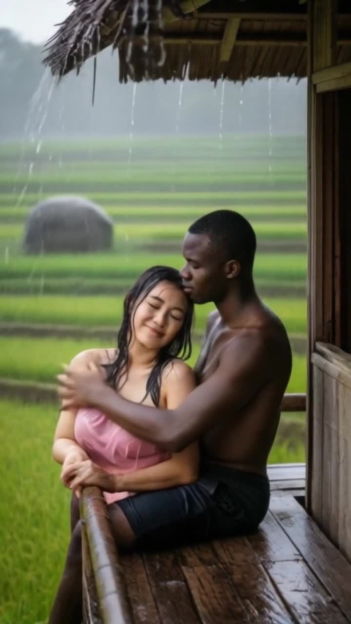 heavy rain, man kisses woman