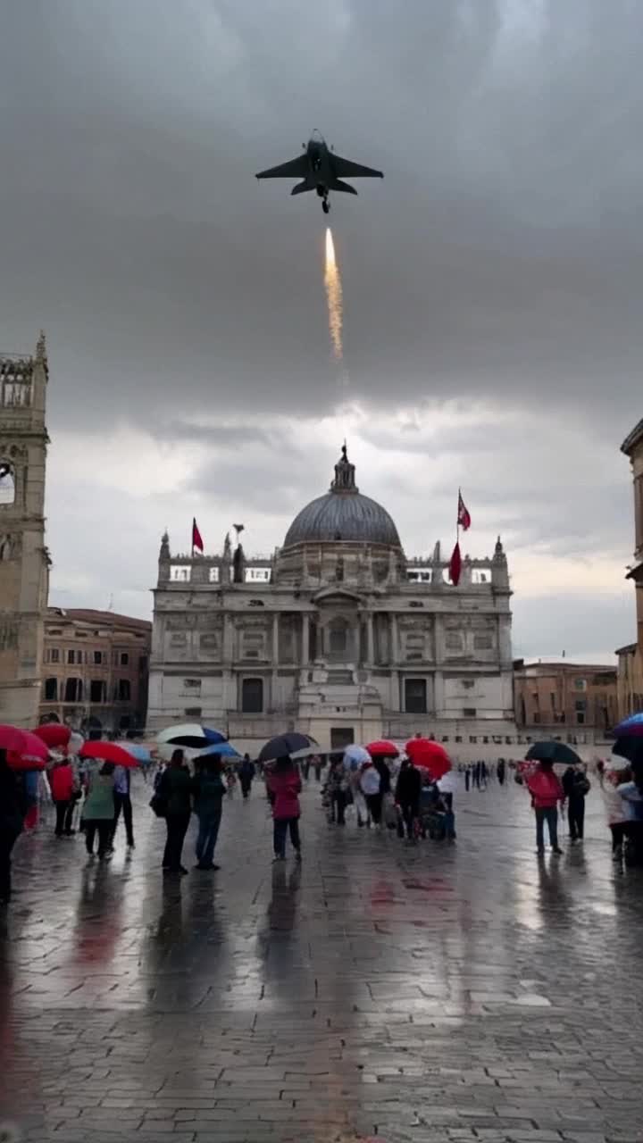 Crowd of tourists vibrant and diverse under umbrellas rushing about in St Peters Square dark ominous clouds swirling overhead Actionpacked fighter jet suddenly diving from the stormy sky releasing powerful bombs with thunderous roars Background historical architecture of St Peters Basilica towering majestically adorned with intricate sculptures surrounded by chaos as rain pours down creating a dramatic contrast between serenity and destruction