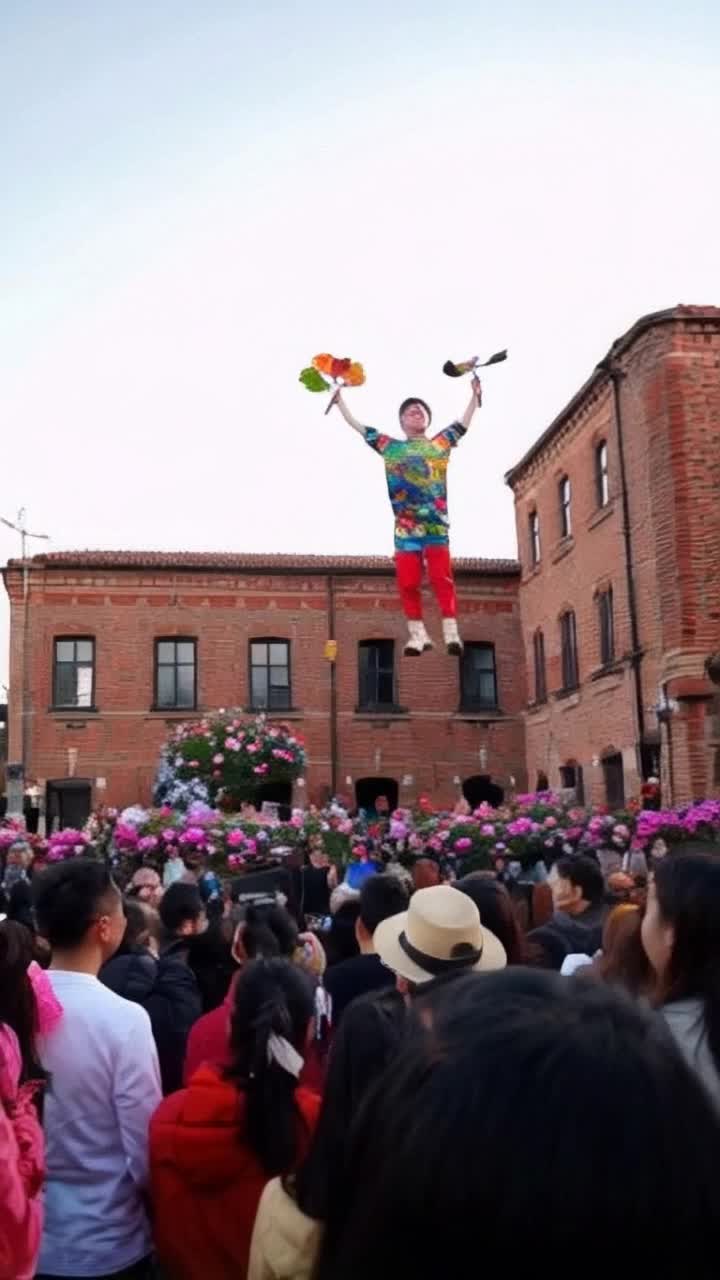 Young artist in vibrant attire leaps into the sky with outstretched arms swirling paintbrushes creating an explosion of color that dances in mid-air igniting wonder in captivated faces of an eager crowd standing on a sunlit street surrounded by brick buildings and flowers in bloom as soft music drifts through the warm breeze like whispers of inspiration