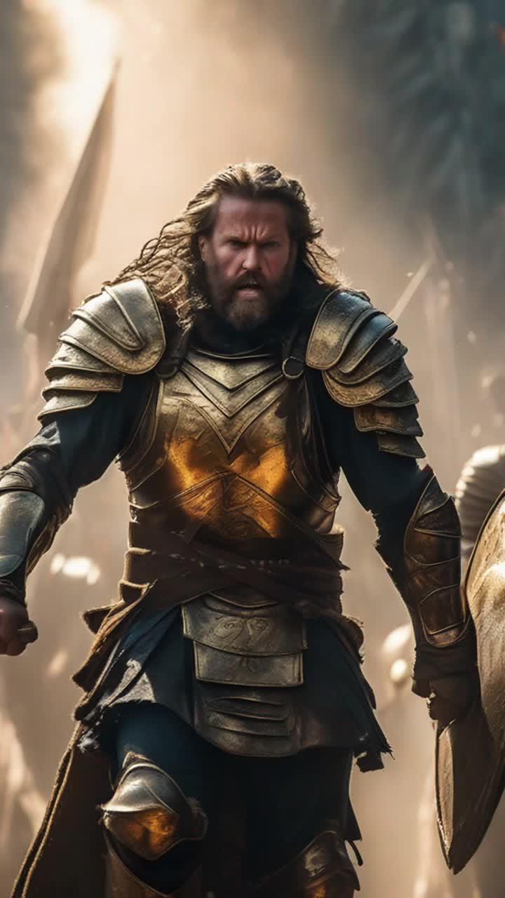 Brave warrior clad in gleaming armor rallying diverse troops as they stand resolute vibrant banners fluttering in the wind Dashing forward with fierce determination cutting through swirling chaos Aura radiating golden light piercing oppressive darkness Menacing enemy forces loom in shadows their guttural roars reverberating through tense air stirring palpable fear Dust swirls around as battle erupts with clashing swords echoing against valorous cries The scene pulsates with energy as courage and despair intertwine suspenseful tension building with each heartbeat