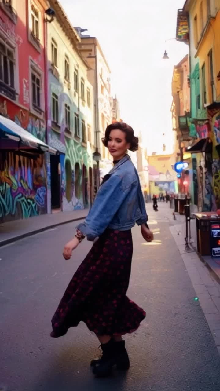 Vibrant 20s fashionista adorned in eclectic 90s attire twirls gracefully displaying confidence in each spin Lively chic street bustling with colorful graffiti walls and stylish cafes pulsates with energy Sunlight filters through tall buildings casting playful shadows as vintage cassette tapes and neon accents bring a nostalgic vibe to modern hustle