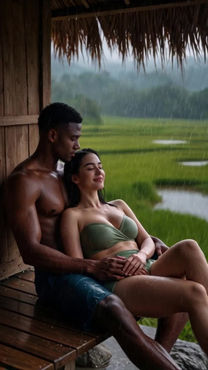 heavy rain, man hugs woman tightly romantically