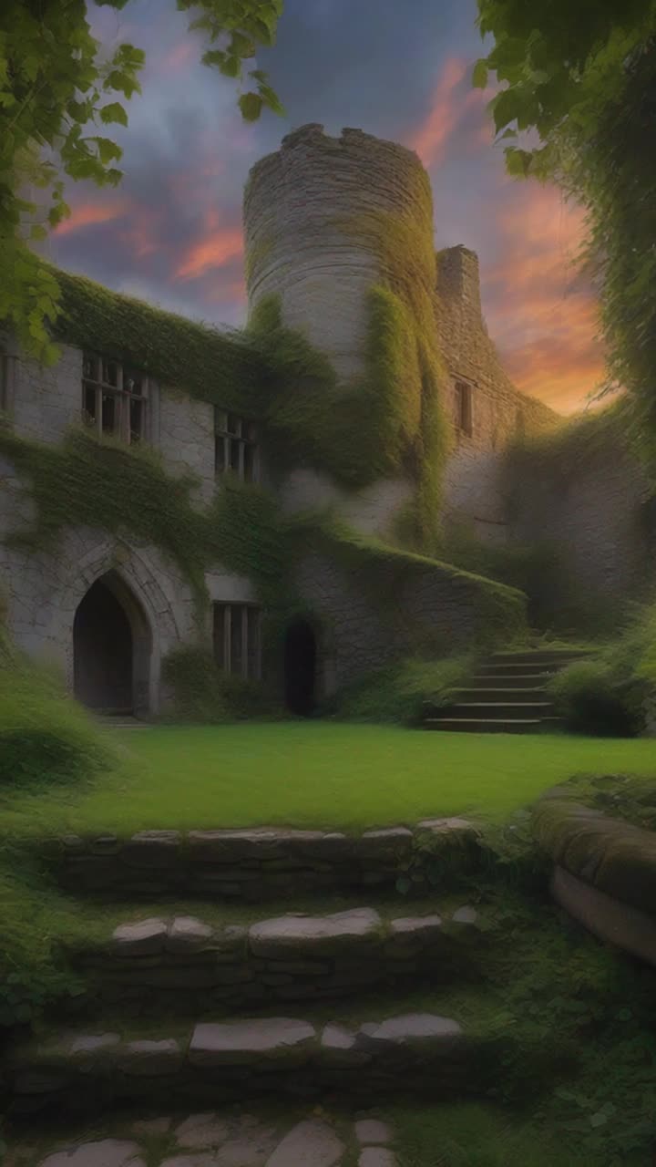 Ancient grey stone structures clustered together exuding charm and character portraying times embrace Eerie silence enveloping the scene as whisper through crevices Lush green grass sprawling around the manor contrasting with weathered stones Overgrown ivy cascades down walls creating a tapestry of natures reclaiming A hazy evening sky painted with oranges and purples sets a wistful backdrop as shadows elongate across the landscape inviting exploration into forgotten stories of history hidden within these quaint relics  An ancient monk in a black woolen cloak is seen sneaking around between the ruins