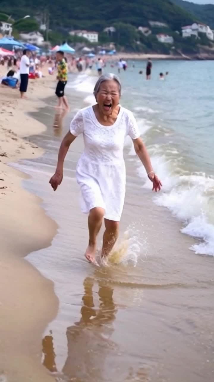 Vecchietta che corre verso il mare mentre urla di gioia