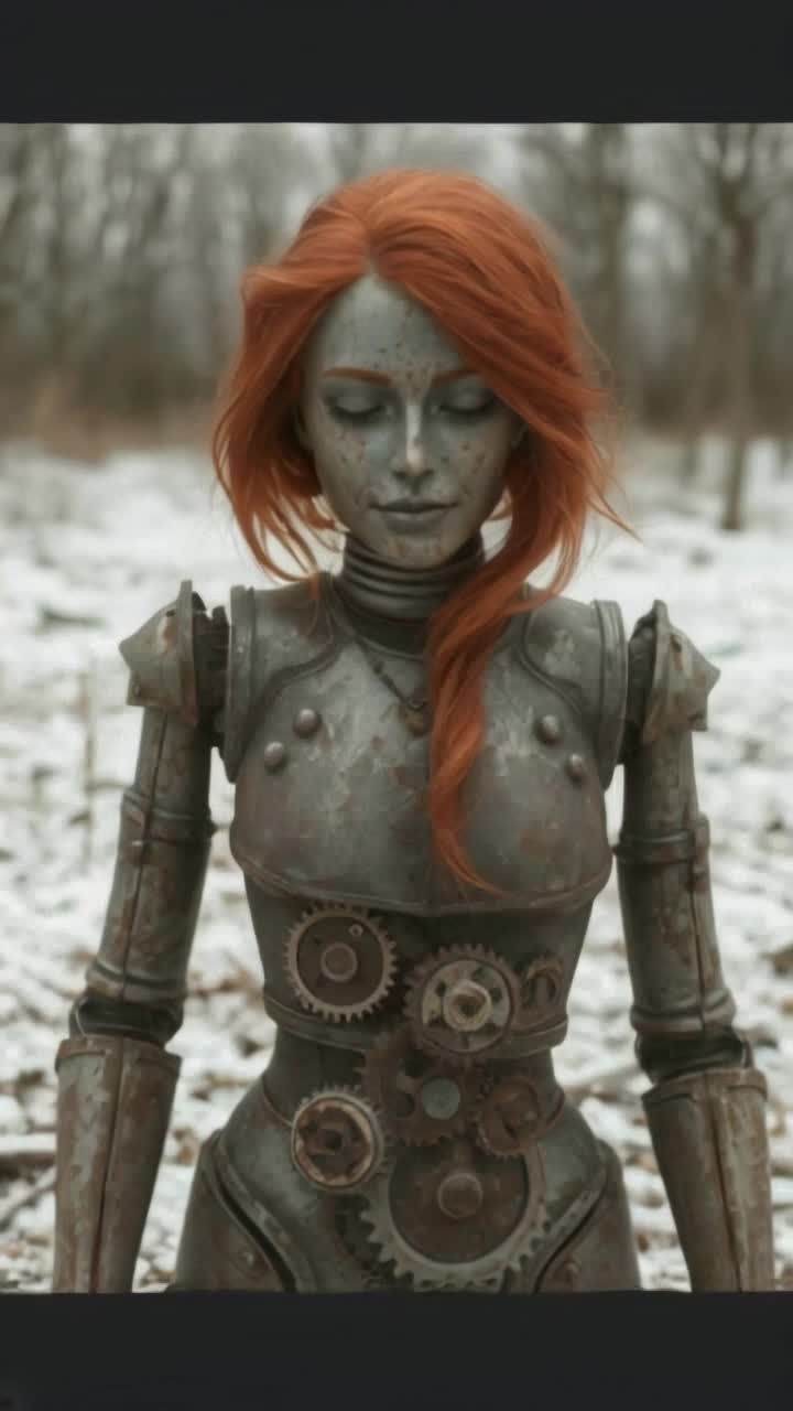 Beautiful red head robot women , With pieces falling apart