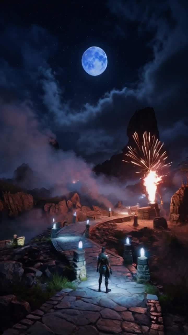 Dramatic landscape illuminated by soft Venetian lights Full moon casting silvery shadows on ancient stone pathways Explosions erupting in vibrant bursts of color against darkened skies Creating a thrilling tension with each pulse Heroic figure standing resolute amidst swirling mist and flickering lights Eyes determined heart racing as he embarks on a perilous quest Journey illuminated by ethereal glow complemented by the distant echoes of adventure Awaiting fate in a mesmerizing yet dangerous world