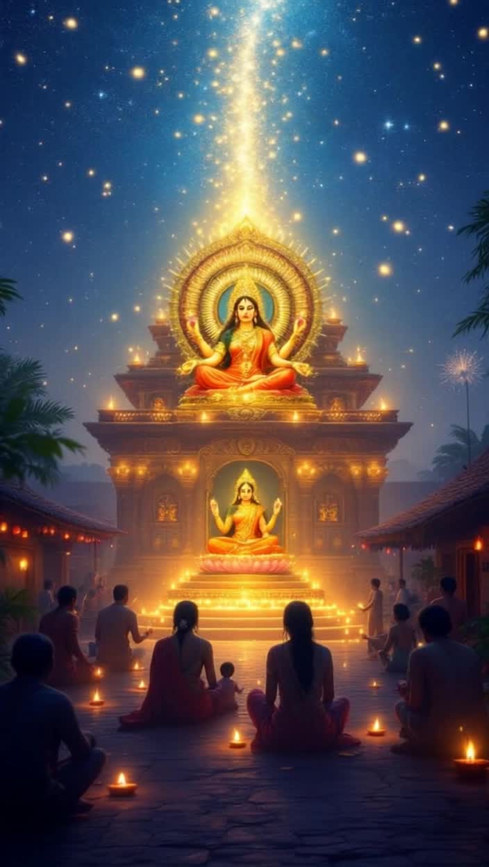 Diwali Mahalaxmi Puja 8K Full HD Quality Highest Regulation High Quality Highest Quality Animation Write an Animated StoryHeres an 8K Full HD quality animated story script for Diwali Mahalaxmi Puja, which you can adapt into a visual animation or film script Diwali Mahalaxmi Puja  Animated StoryThe night sky is ablaze with stars The camera slowly pans down to the glowing earthwhere the entire village is awash in the light of lamps Scene 1 Preparations Every house is adorned with flickering lamps, colorful arches, and rangoli Children are enthusiastically lighting sparklers, women are decorating their plates and chanting mantras  Inside a house, a family bathes the idol of Mahalakshmi and adorns it with red clothes and gold and silver ornaments Scene 2 Mahalakshmis Arrival As the family begins the aarti, the camera zooms in on the idol The idol suddenly comes alive, radiating a glow like sparkling gold Mahalakshmi, seated on a lotus, appears in a soft voice Her four arms show a lotus in one hand, a gold coin in the other, a blessing in the third, and a gesture symbolizing peace in the fourth With her arrival, countless small lamps light up on their own Scene 3 Divine Message Mahalakshmi says, O devotees Diwali is not just a symbol of wealth, but it is a festival of virtue and lightI reside in a clean home, where the lamps of honesty, love, and hard work burn  As she speaks, scenes change on the screen The farmers hard work and the light on his crop A businessman being honest in his work A housewife caring for her family with love and respect Scene 4 Prosperity and Auspiciousness Mahalakshmi blesses the family and showers them with golden coins, but the coins instantly transform into luminous lamps The entire house and village are bathed in lamps A unique fireworks display in the skya sparkle of blue, gold, and red, like 8K quality animation Scene 5 Closing The family says with folded hands, The true Lakshmi is not just wealth, but truth, righteousness, and love Mahalakshmi smiles and disappears into the light of the golden lamp The camera pans upthe entire village is shining in golden light  Finally, a verse appears on the screenDeepjyotirmastu nah shreyaseMay the light of the lamps be for our wellbeing Would you like me to write this story as a complete cinematic script including dialogue, scene directions, and animation details so it can be used directly in an animation project