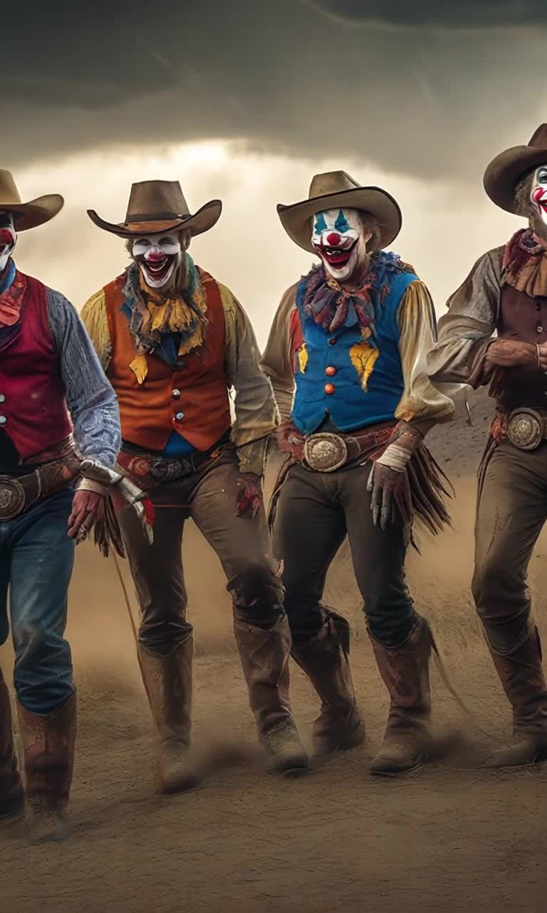 Vivid clowns sporting vibrant cowboy hats and colorful fringed vests perform exaggerated lasso tricks with oversized ropes Eerie smiles stretch across painted faces contrasting against rugged wilderness terrain Dust swirls around wornout boots as they dance to an unsettling tune Sunlight filters through ominous storm clouds casting dramatic shadows over cracked ranch fences Distant howls of coyotes punctuate an atmosphere heavy with tension Flickering campfire illuminates their grotesque features enhancing the unnerving ambiance of a deserted ghost town Rusty old signs creak in the wind whispering secrets of abandoned dreams long forgotten