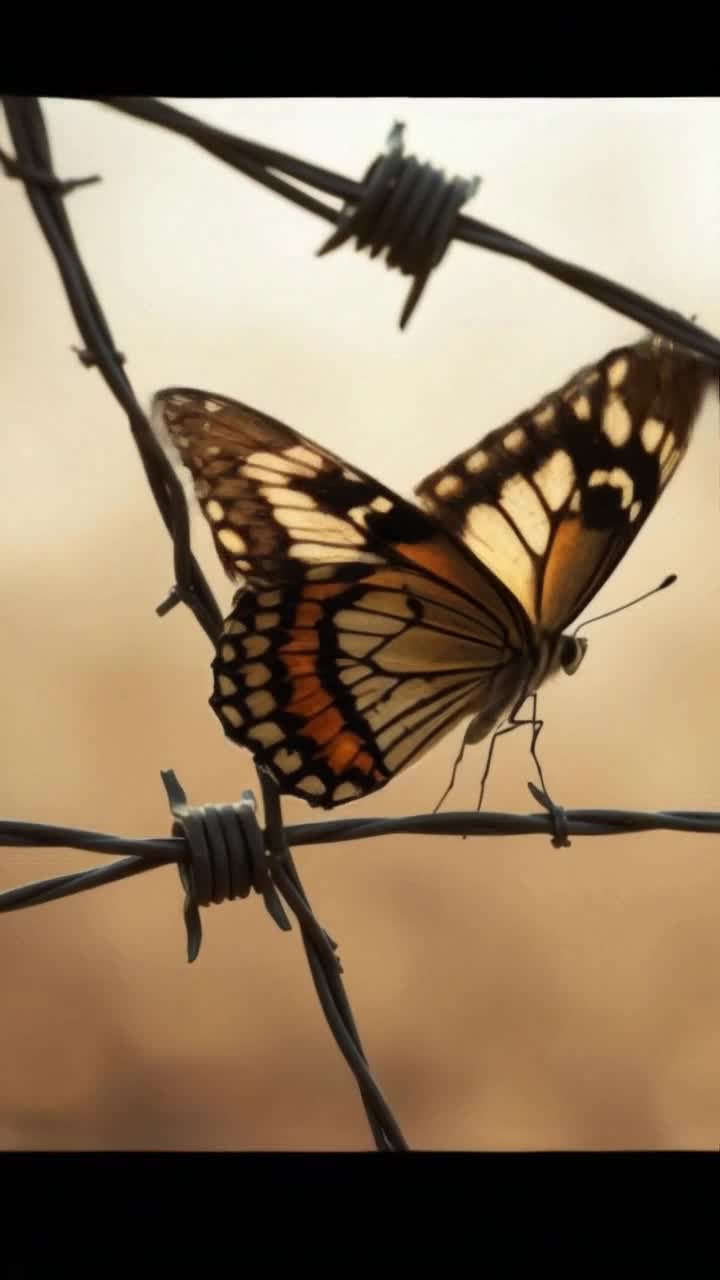 Butterfly landing on barbed wire flapping their wings to warm in the sunlight 