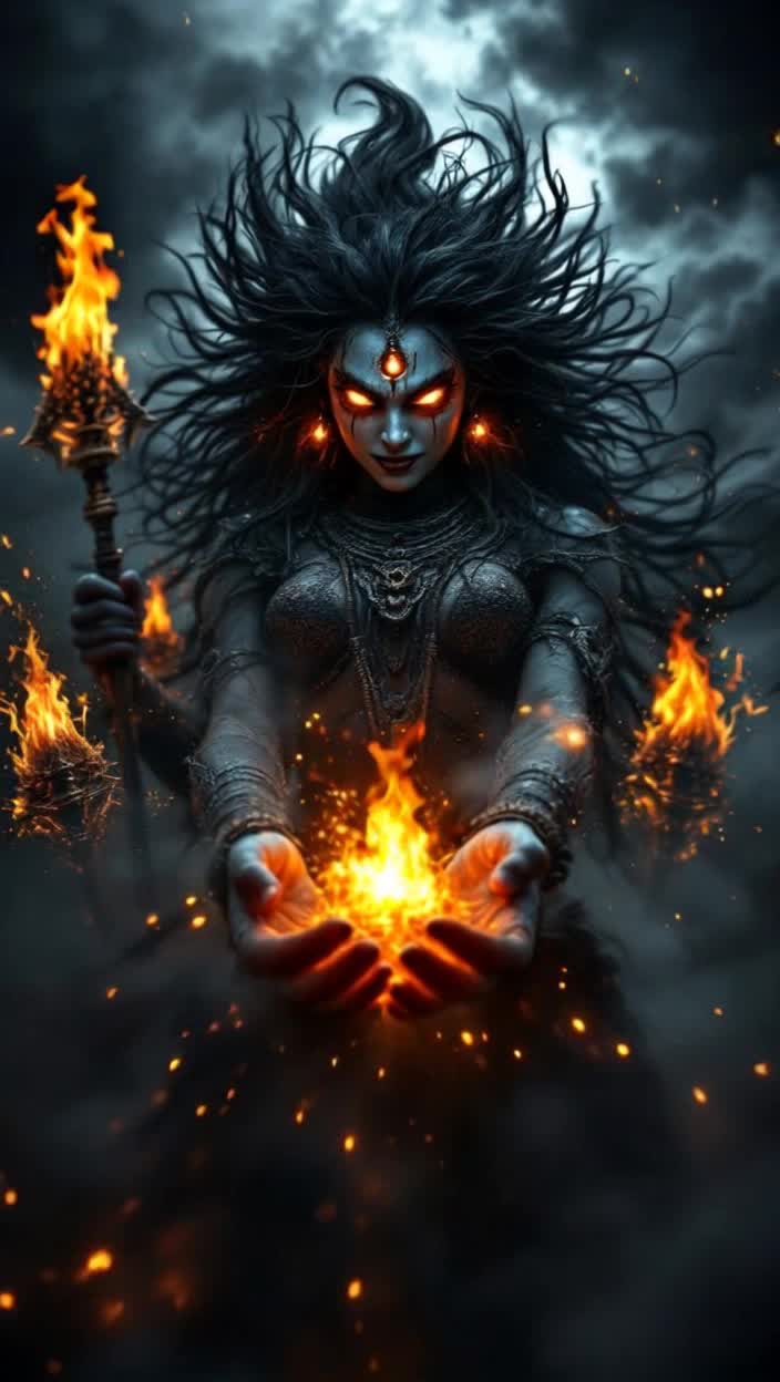 Maa Kaalratri, a fierce goddess with disheveled hair and three radiant eyes showcases a powerful presence Emerging from shadows, she embodies fear and strength as fiery flames ignite within her gaze Dynamic transitions pulsate with energy, revealing her four hands wielding symbolic weapons Dark clouds swirl around, enhancing her aura while sacred mantras resonate through the air Serene brightness contrasts the fierce energy, as a gentle smile spreads across her face, radiating warmth and blessings Text animations emphasize her duality, culminating with her name transforming into golden light, filling the screen with divine energy, leaving viewers entranced