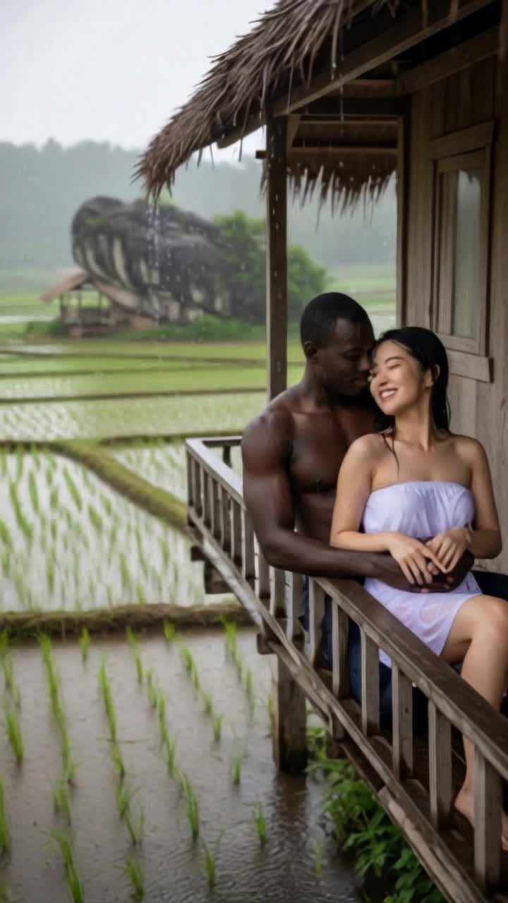 heavy rain, man hugs woman tightly romantically
