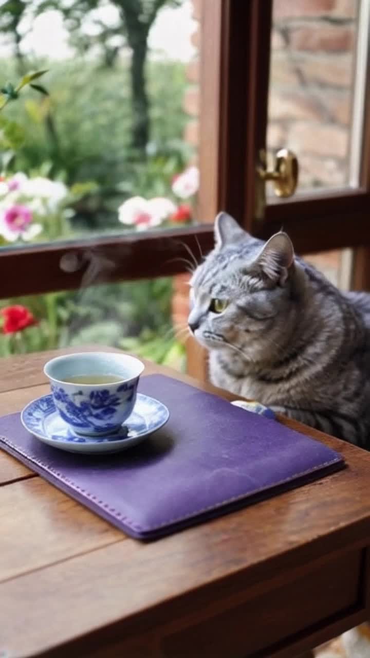 A gray tabby cat sits at a little table that has a Blue Willow china tea pot and Blue Willow tea cup in saucer Steam gently forms above spout and cup The gray tabby is writing in a purple hardcover journal with an average pen, stops to take a careful sip of tea from the cup and place the cup back on the saucer, glance out the nearby eye level windows where a lush flower garden and butterflies are visible , then the cat resumes writing