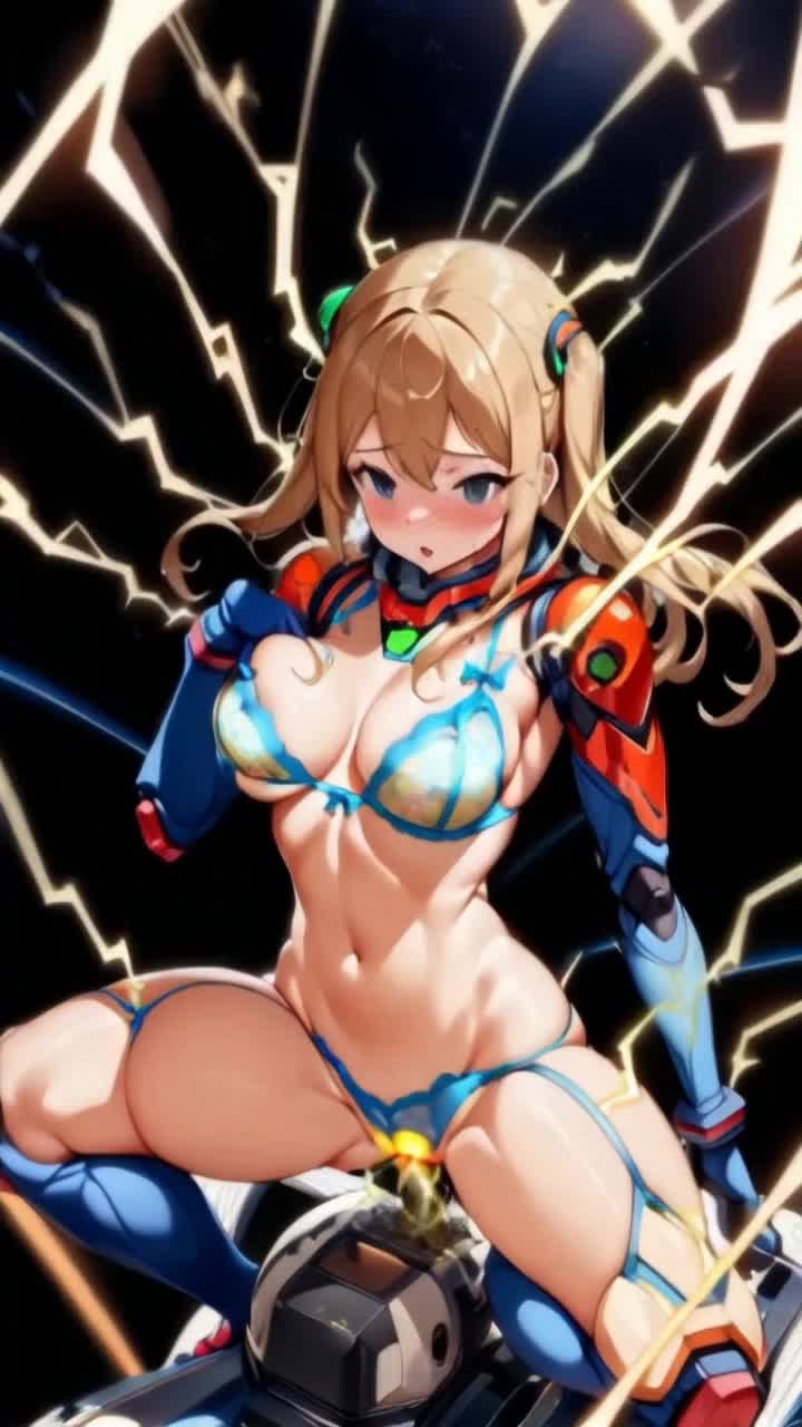 a beautiful woman sitting on a satellite getting electrocuted sparks and lightning jolting around her body as she twitches and bounces jiggling her chest 