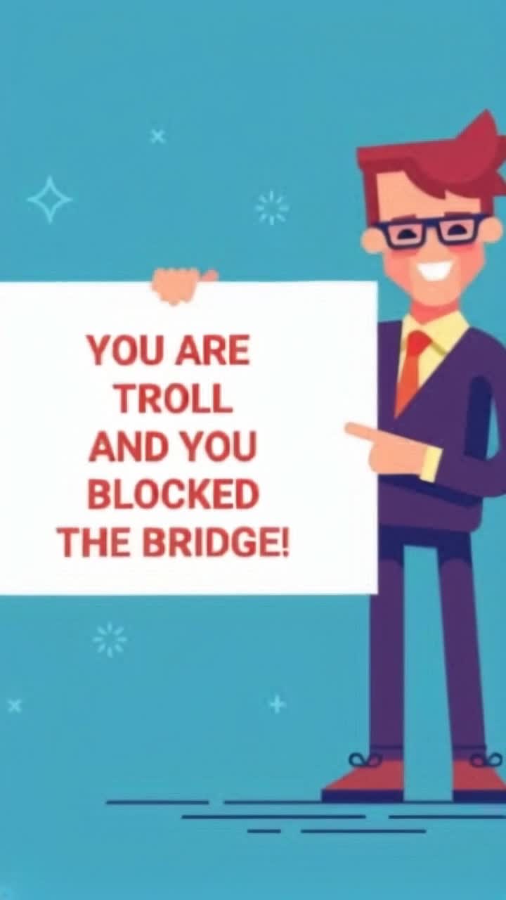 Man in this pic points repeatedly towards board with phrase written on it  you are troll and you blocked the bridge    He points again and again towards board and then towards you and laughs loudly 
