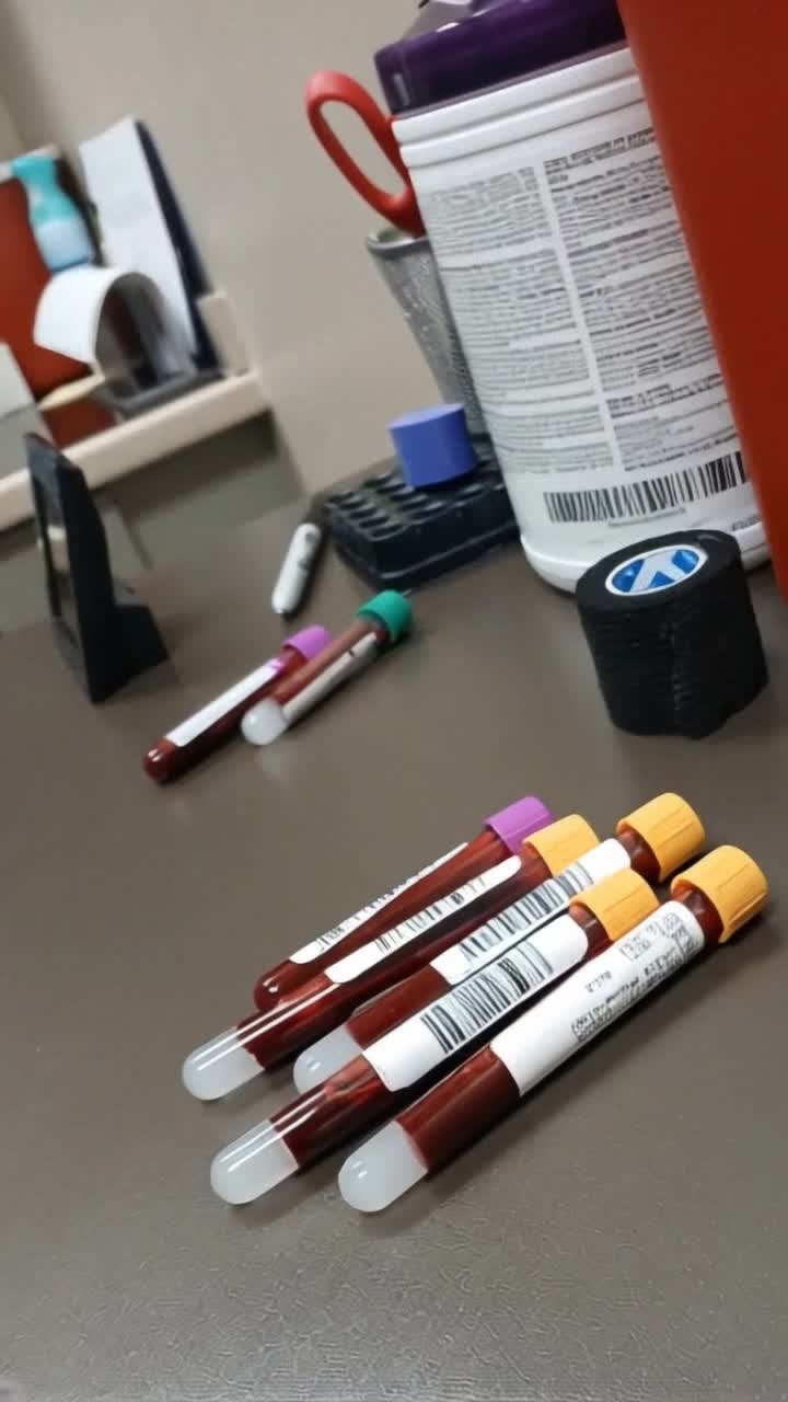 Vials of red cells, transforming into black and red snakes and centipedes and black smoke