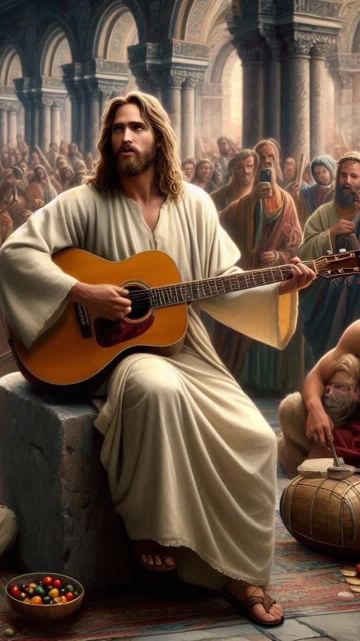 Jesus playing guitar and singing to his followers 