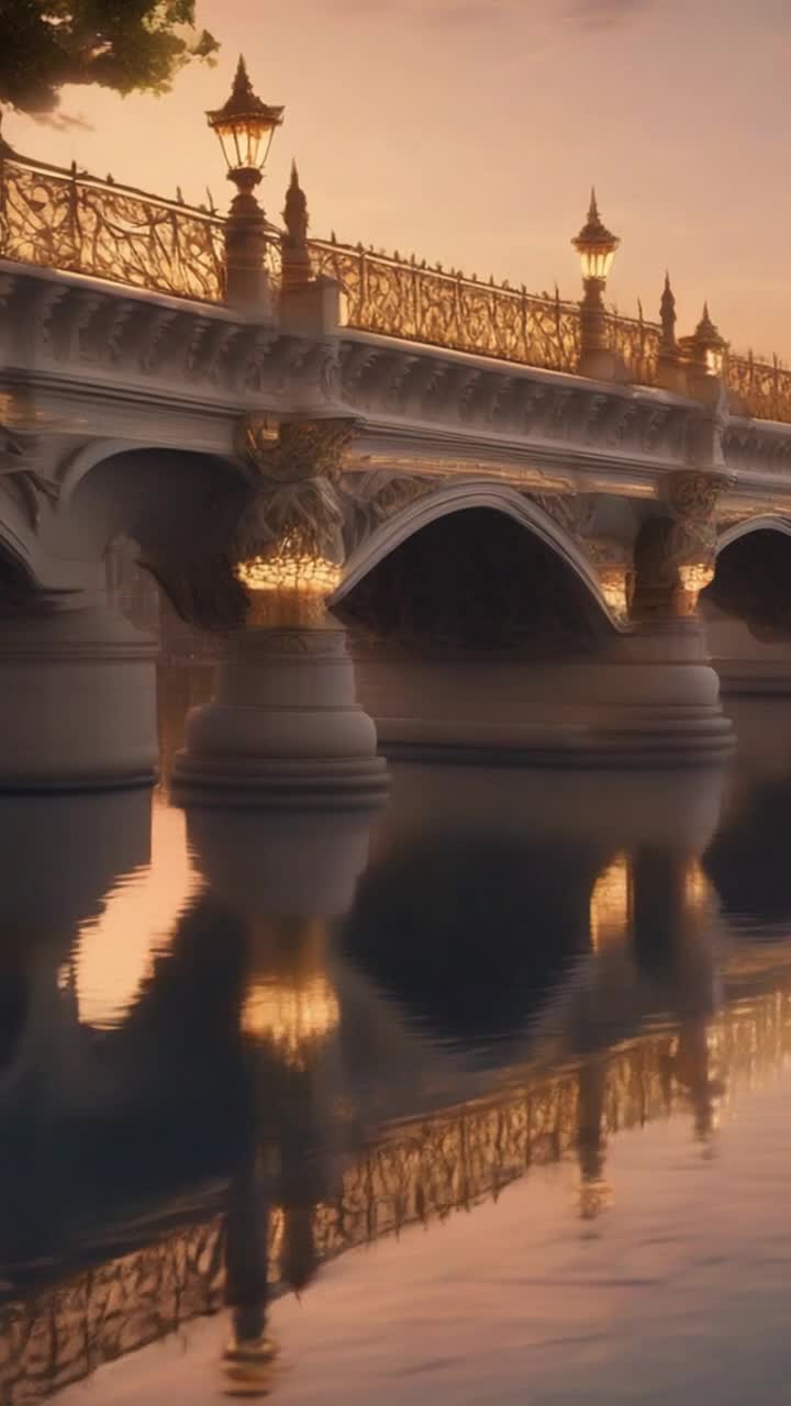 Here is a 675character video prompt describing the most elegant, beautiful, and ornate bridgePromptA cinematic sunset view of the worlds most elegant and ornate bridge stretching across a calm river The bridge features intricate wroughtiron details, golden accents, marble sculptures, and glowing lanterns that line the path Reflections shimmer in the water below Birds glide through a pastel sky as a gentle breeze rustles nearby trees Soft orchestral music plays as the camera slowly glides along the bridge, capturing the breathtaking craftsmanship and timeless beauty 3D ultrahighresolution, dreamlike atmosphere, romantic and regal style, sweeping cinematic motion
