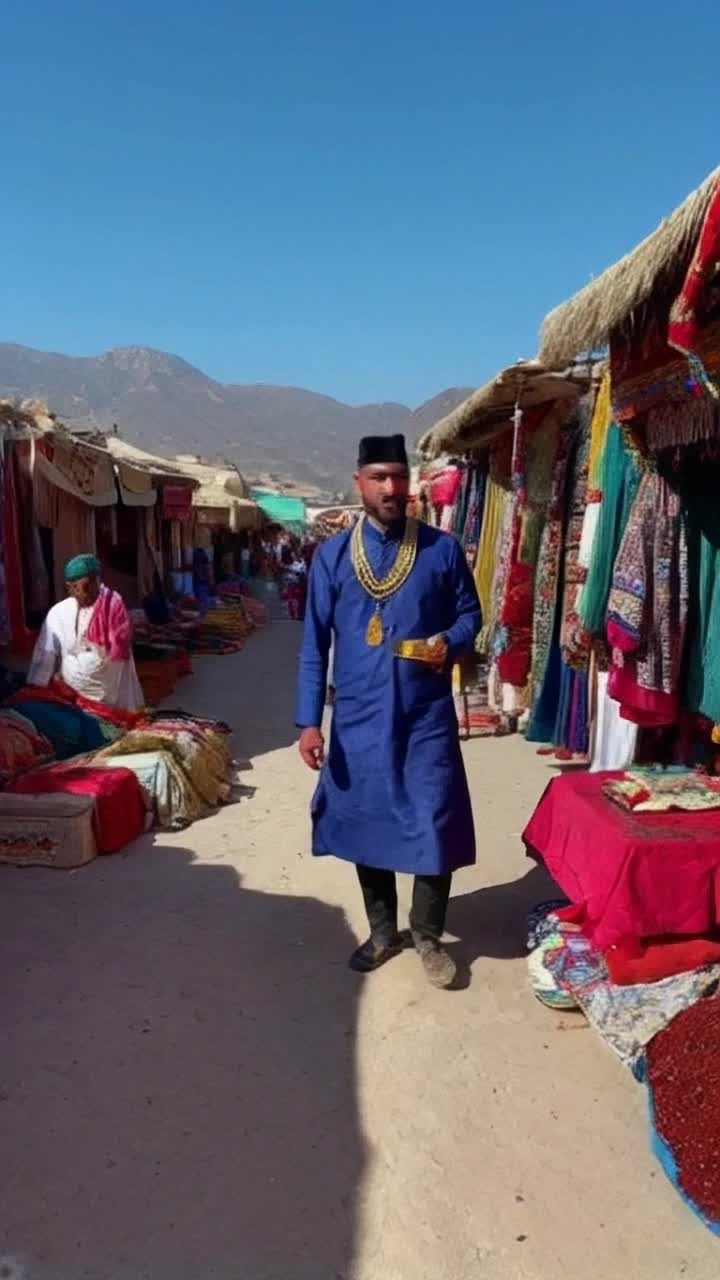 Wealthy Ethiopian father dressed in elegant traditional attire holding a gold necklace He walks proudly through a vibrant marketplace filled with colorful spices and textiles Lively street vendors call out showcasing their crafts under a bright blue sky surrounded by majestic mountains in the distance