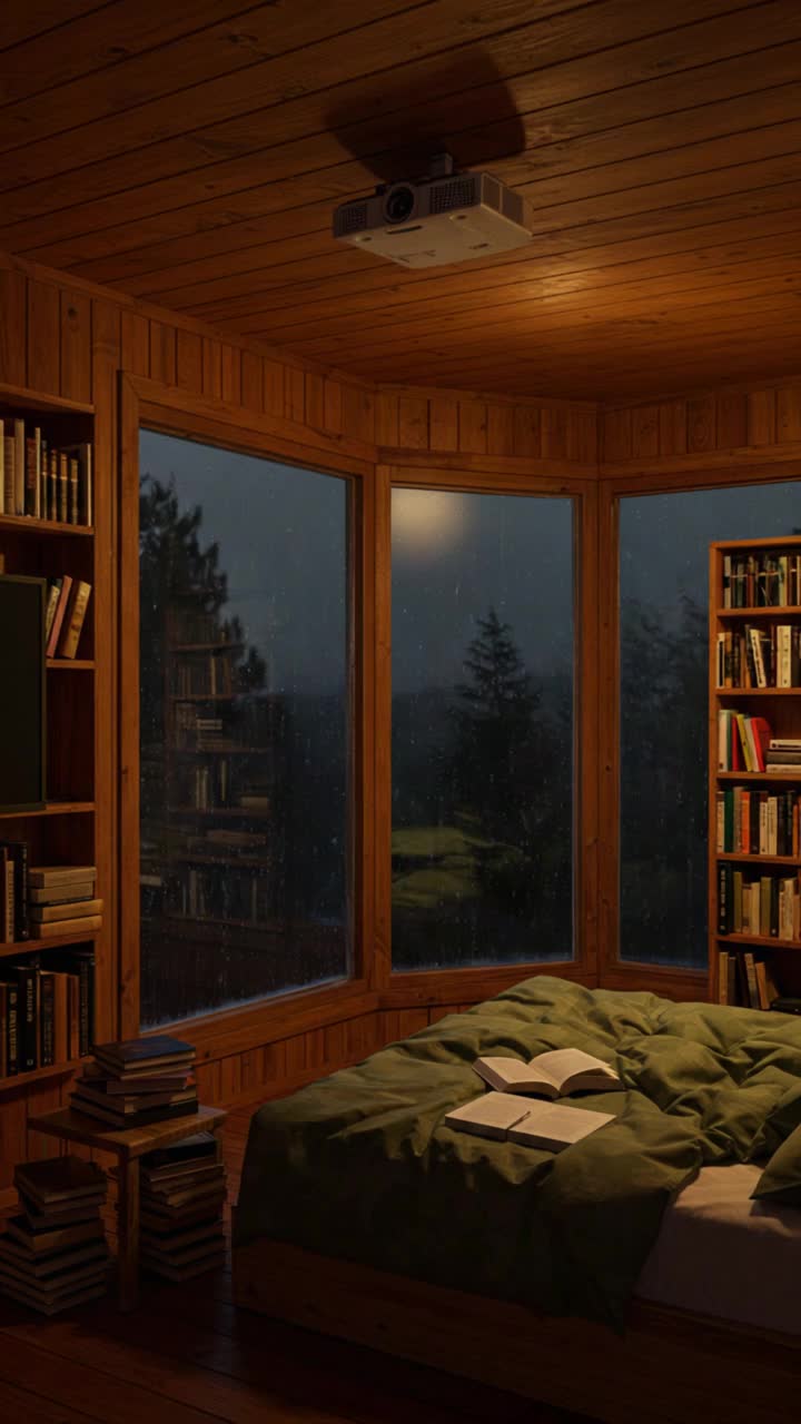 static camera, and make it raining so hard outside