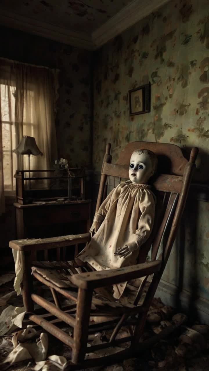A closeup of a cracked porcelain doll sitting upright in a dustladen childs chair Its face is pale and ghostly, eyes faded to a milky gray, one pupil missing The expression is frozen in a silent, haunting gazeneither warm nor cold, only empty Wisps of cobwebs cling to its tangled hair, and one arm hangs askew, as if reaching In the background, the suggestion of childlike laughter echoes faintlybut no one is there The atmosphere is chilling, gothic, and mournful