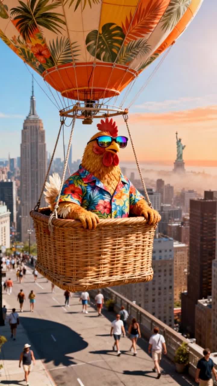  An anthropomorphic chicken wearing a Hawaiian shirt and sunglasses, in a hot air balloon flying low, over New York City, at noon on Sunday in the summer