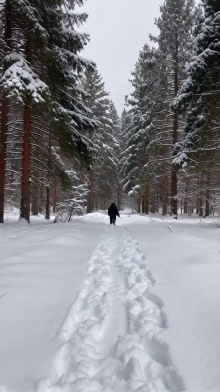 Vast dense pine forest blanketed in pure white snowflakes twirling gracefully from an overcast sky Single figure swaddled in vibrant insulated winter gear trudges through thick kneedeep snow leaving deep footprints behind Soft crunching beneath boots echoes softly in tranquil silence Figure pauses to inhale crisp frosty air examining serene untouched wilderness surrounded by towering trees glistening with icy crystals Quiet anticipation fills the atmosphere as snowflakes continue their gentle descent creating a magical winter ambiance