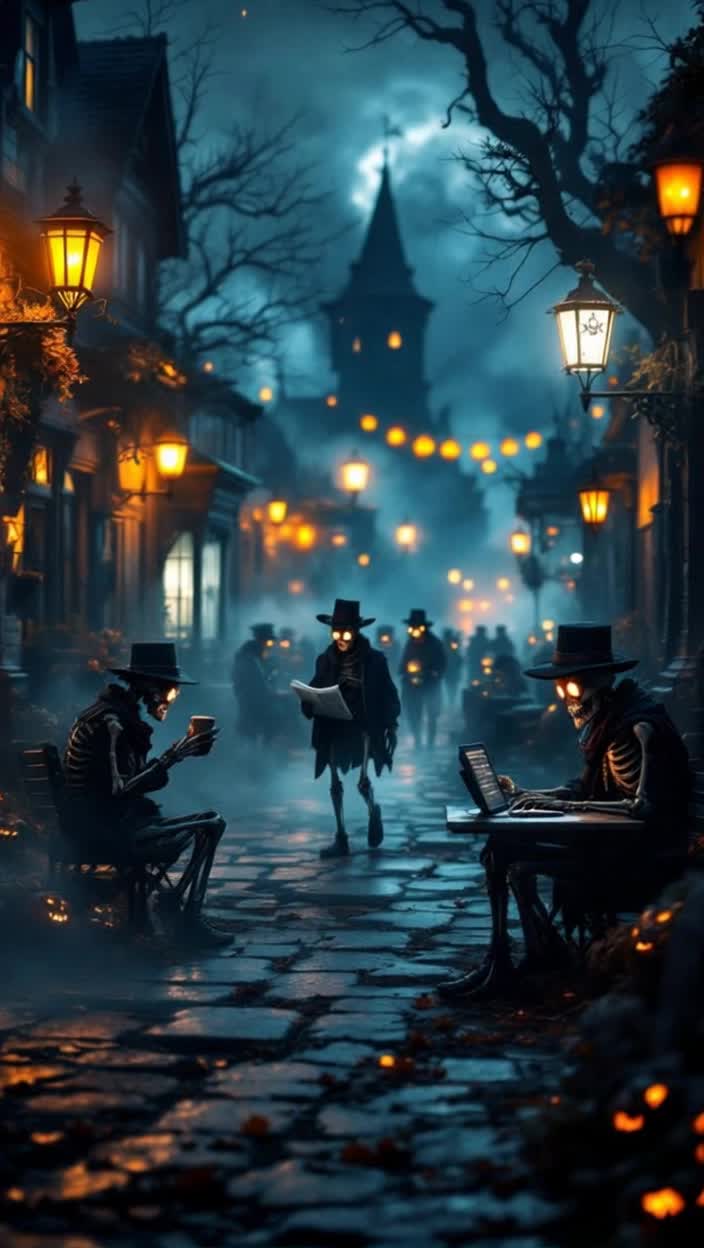 Realistic cinematic Halloween scene in a darkly humorous tone Skeletons performing ordinary daily activities  drinking coffee, reading newspapers, walking dogs, working at computers, and shopping in a spooky, misty town decorated for Halloween Street lamps flicker with orange light, jackolanterns glow everywhere, and fog drifts between gravestones and haunted houses Some skeletons wear old clothes, hats, or scarves The atmosphere is eerie yet playful, with subtle glowing eyes in the darkness and warm candlelight reflections on bones Dynamic camera movement, slow zooms and pans Moody lighting with high contrast between shadow and neon orange highlights Hyperdetailed textures, cinematic depth of field, ultrarealistic rendering
