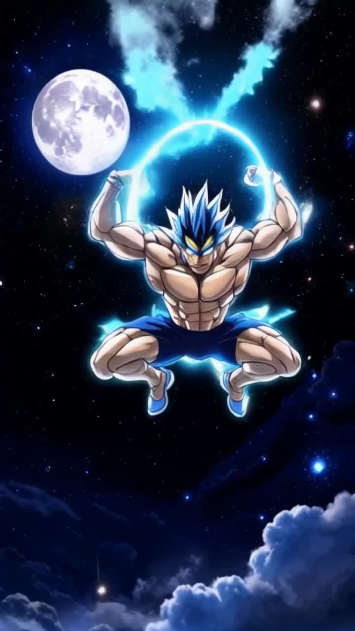 Coming book style anime, Venetian lighting, explodes, moody, explosions in background, edgy, Chosen generational curse breaker with spikey hair radiating atomic blue energy flexes his muscles and hero poses as he flys through the sky acrobatically beautiful views of a full moon and night sky full of stars
