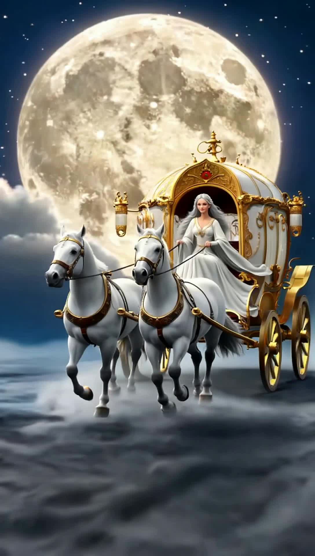 selene the moon goddess riding in her chariot drawn by 2 white horses in the night sky with the giant moon in the background