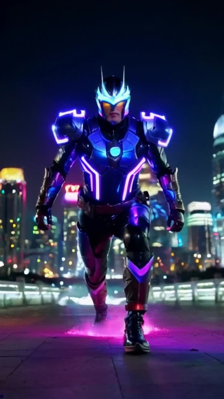 Chosen warrior clad in iridescent armor glowing with vibrant neon hues lunges forward with fierce determination radiating an electrifying aura of power crackling through the air emerges dynamically from a vortex of swirling colorful lights against a futuristic city skyline pulsating with energy and excitement