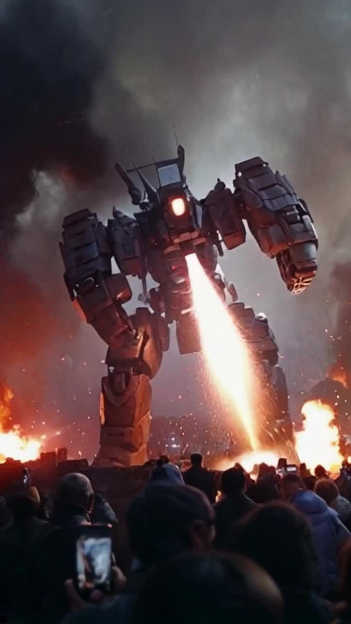 The gigantic robotic ant shoots laser beams at the crowds of people in the apocalypse with explosions and fog and fire 