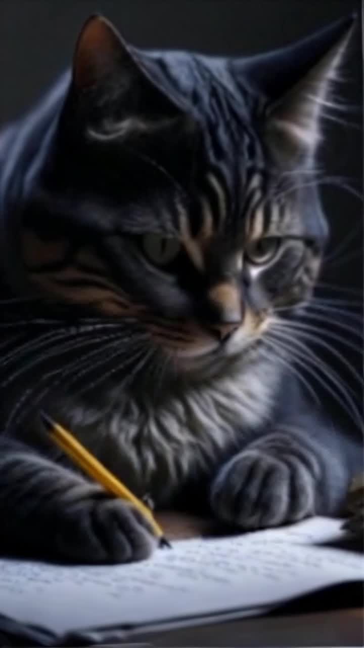 Elegant feline perched gracefully on sunsoaked windowsill gazing intently with piercing emerald eyes contemplating mysteries of universe agile paws poised for playful pounces warm golden light filtering through delicate curtains enchanting atmosphere of curiosity vibrant green trees swaying gently in soft breeze as a gentle breeze rustles leaves creating whispers of secrets waiting to be discovered cat scribbles insights into a journal filled with whimsical sketches enchanting tales inviting viewers into a world of imagination and wonder