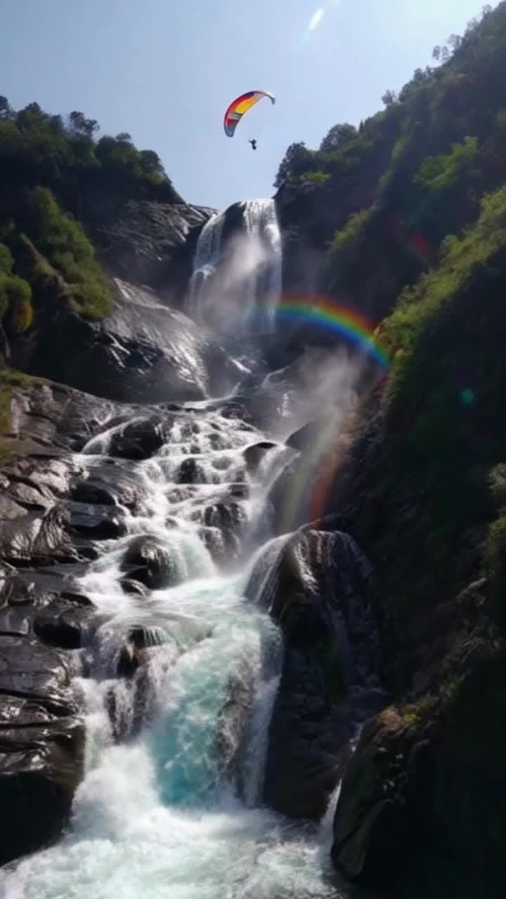 Surrealistic paraglider  in vibrant branded suit gliding effortlessly down cascading waterfall Steep slopes adorned with lush greenery an ethereal mist rising from turbulent waters Sunlight refracting through droplets creating dazzling rainbows Concentric circles pulsating rhythmically around paraglider merging 3D graphics with fluid 2D animation Inspired by artistic visions of Simon Stalenhag Lois Ian McQueen Tetsuya Nomura Bright colors merge and clash intricate details capture every moment as water splashes dramatically against rocky formations Dynamic movement enhances visual storytelling of freedom and adventure