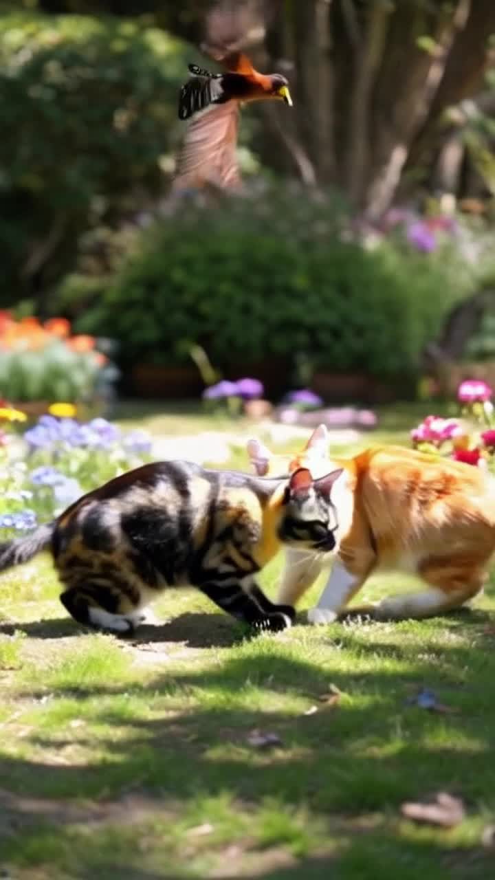 Two curious cats with vibrant furcolors peer into each others eyes They leap gracefully into a playful dance twirling in unison A sunlit garden bursting with colorful blooms surrounds them Fluttering butterflies dance in harmony while birds sing melodious tunes above