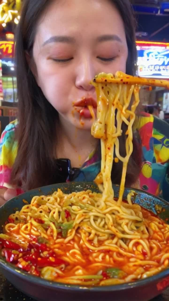 Woman in vibrant attire savoring colorful spicy noodles slurping enthusiastically with playful expressions Bright red chili flakes swirling around, steam rising from bowls Neonlit restaurant bustling with lively chatter and laughter, colorful signs flickering in the background Closeup shots of twirling noodles and bold sauces dripping down, capturing every delightful bite Camera shifts to her animated reactions, sweat forming on her forehead, joy radiating with each mouthful Tantalizing aromas wafting through the air, enticing viewers to join the feast in this sensory explosion of flavors and excitement