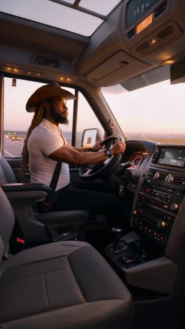 Massive tour bus motorhome gliding effortlessly down the highway Strong muscular black man with striking gold skin beard and dreadlocks confidently at the helm Engaged in driving navigating controls of luxurious dashboard illuminated by soft lights Evening twilight casts a warm glow enhancing the scene Large driver side window reveals sprawling expressway stretching into the horizon With every turn of the wheel the powerful vehicle roars to life accentuating its robust stature Cowboy hat perched atop head contrasting sharply with white muscle shirt showcasing physique Black pants and polished shoes complete the ruggedly stylish look