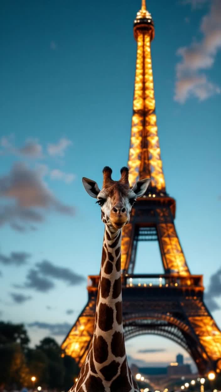 Giraffe standing in front of Eiffel tower 