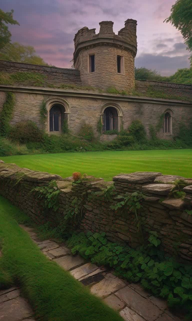 Ancient grey stone structures clustered together exuding charm and character portraying times embrace Eerie silence enveloping the scene as soft winds whisper Lush green grass sprawling around the manor contrasting with weathered stones Overgrown ivy cascades down walls creating a tapestry of natures reclaiming A hazy evening sky painted with oranges and purples sets a wistful backdrop as shadows elongate across the landscape inviting exploration into forgotten stories of history hidden within these quaint relics