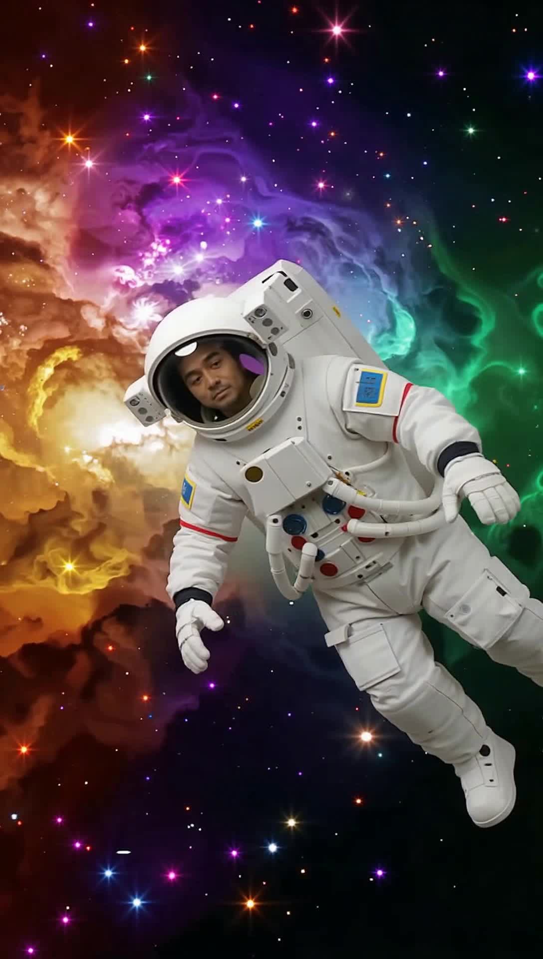 Lone astronaut gliding weightlessly through swirling cosmic colors Radiant galaxies pulsating with hues of violet emerald and gold Surrounding stars twinkling like distant dreams Soft lofi beats echo through the vastness creating a serene atmosphere Floating gently past celestial bodies drifting through a tranquil universe infused with artistic wonder