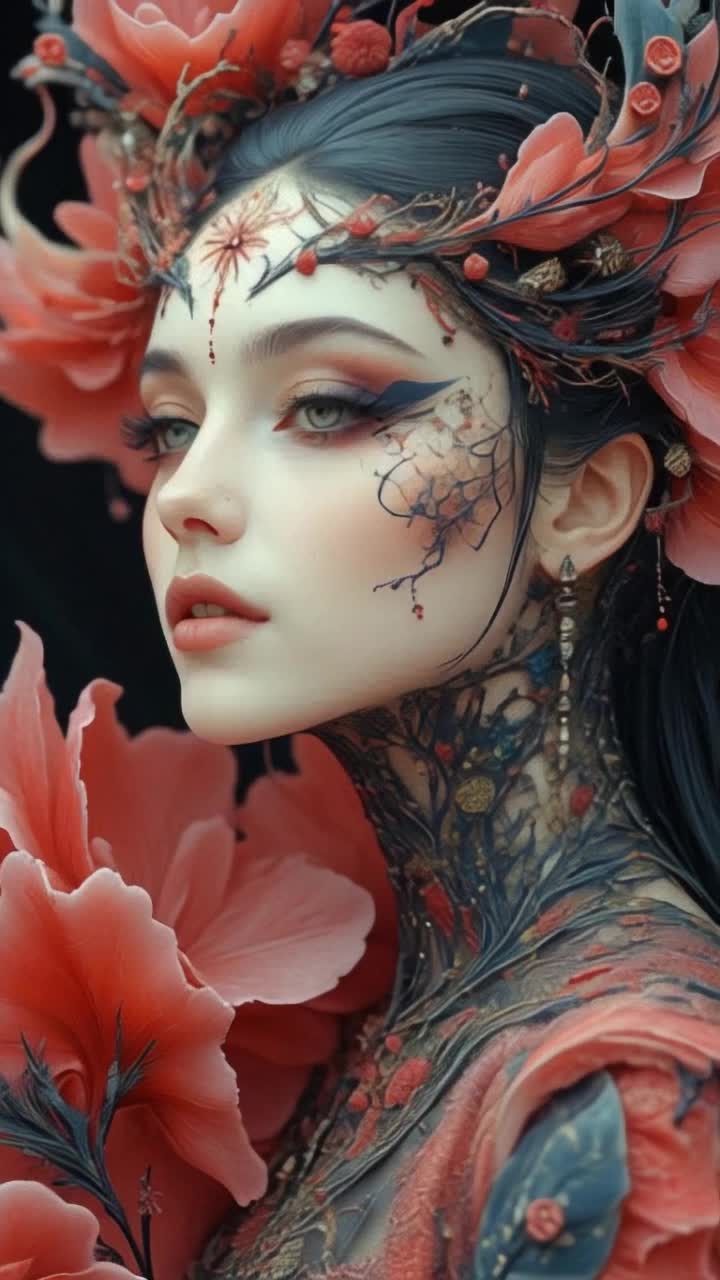 Vibrant flower petals flutter gracefully in a colorful breeze swirling around a captivating figure Her radiant smile ignites a spark in her mesmerizing eyes as she turns her head invitingly to capture your gaze Intricate glowing tattoos shimmer and morph across her skin reflecting an enchanting blend of natural beauty and cuttingedge futurism amidst a dreamy garden bathed in soft ethereal light