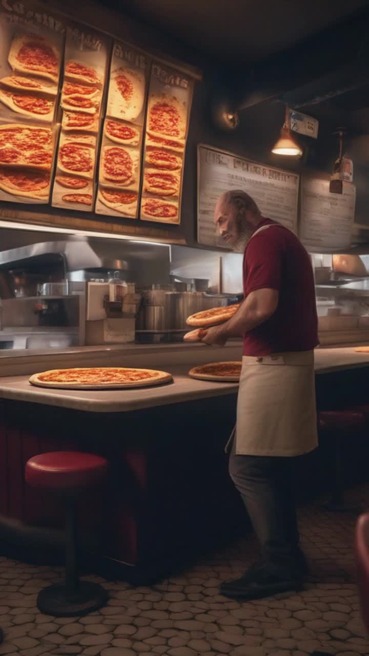 A extremely unlikely person get walks into a very unlikely pizza restaurant and  orders the most unlikely pizza he has ever seen