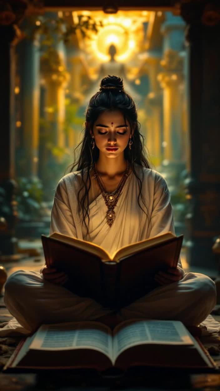 Sad girl seated in dimly lit room gazing at open book filled with daunting words  Slowly rising she walks through vibrant temple courtyard surrounded by soft drumbeats and ringing bells  Magnificent Mahagauri materializes dressed in radiant white glowing with serene strength  Eyes closed she meditates channeling inner peace and confidence transforming her expression into serenity  Confidently returning to her workspace she gently closes the book while uplifting music swells in triumphant celebration  Text appears invoking ancient Sanskrit with divine messages and strength capturing essence of belief and devotion
