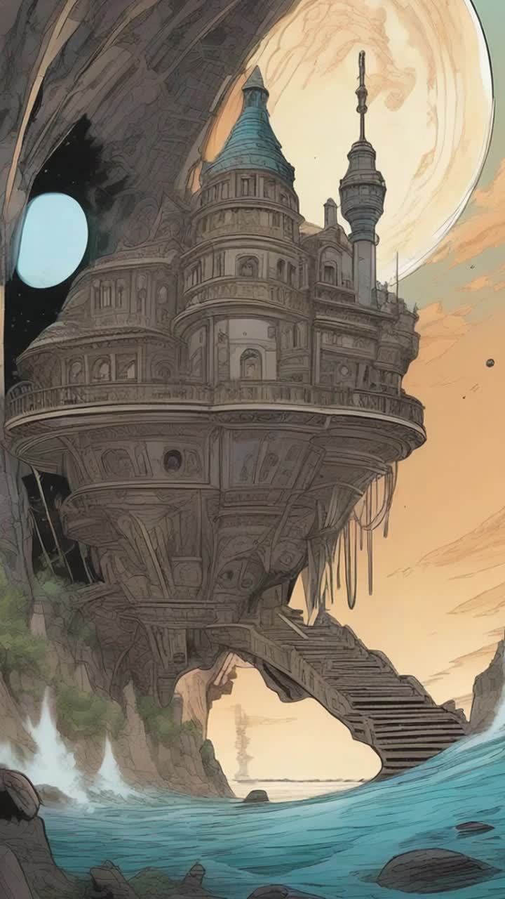 In animated graphic novel style, a luxurious palace castle shimmers briefly under a near invisible force field dome, lifts up off the ground from  a cliffside with beach to high over forest to fly through a black hole portal to alternate dimensional earth type planets