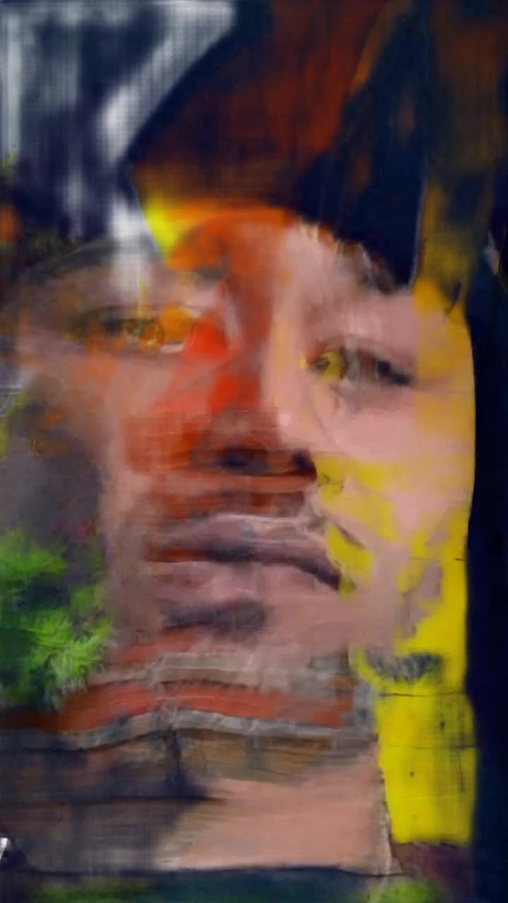 Light skinned African American male relaxed on vibrant porch of urban home swaying gently to rhythmic beats from classic boombox resting beside him warm golden hues of sunset casting a soft glow on weathered wooden stairs surrounding lush green plants and graffiti art adding urban flair to inviting neighborhood scene