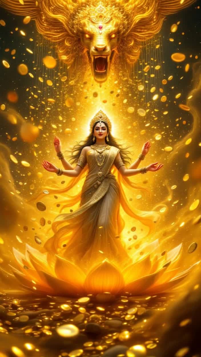 Goddess Mahalakshmi radiates opulence and grace as she emerges from a swirling vortex of golden light in an infinite cosmic space Ethereal veena melodies fill the air while a giant, shimmering golden lotus throne reveals itself adorned with floating gold coins and gleaming pearls With an enchanting presence, she rises wearing a resplendent sari embellished with intricate gold zari, her flowing hair crowned with exquisite flowers and a brilliant golden crown Coins cascade like shimmering rain from her hands, transforming into a dazzling display of gems and diamonds as the majestic Airavata showers purity above